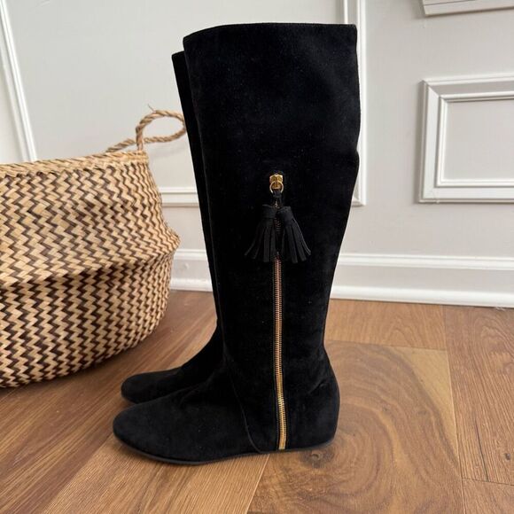 Stuart Weitzman Boot Tass Hidden Wedge Black Suede Gold Zipper Boot $695 6.5 - Picture 4 of 9